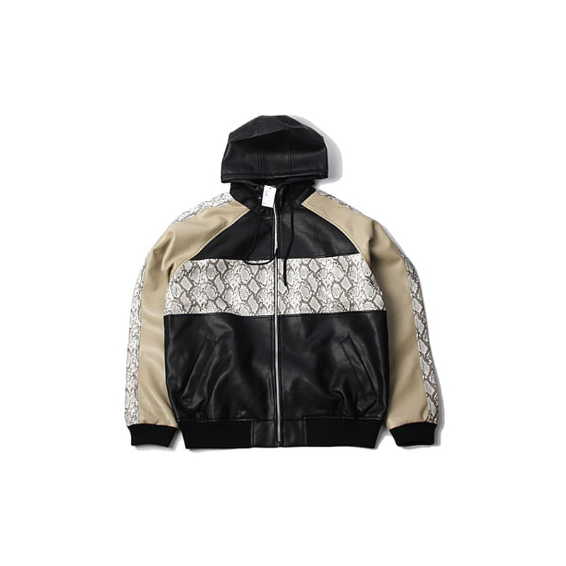 FAUX LEATHER COLORBLOCK HOODED BOMBER JACKET (SNAKE)