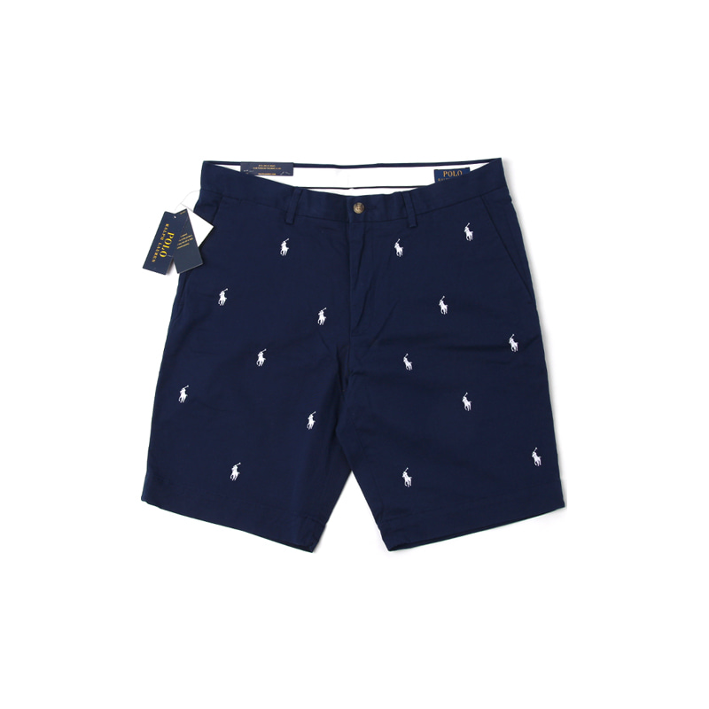 STRETCH SLIM FIT 9&quot; ALL OVER PONY SHORTS (NAVY)
